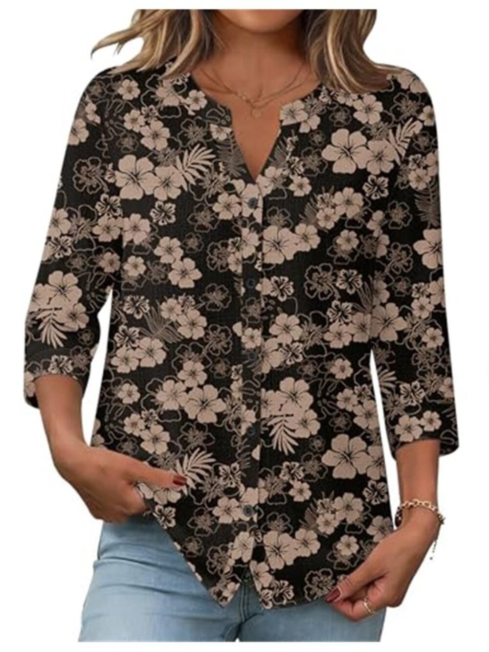 Womens Linen Cotton Button Down Shirt 3/4 Sleeve V Neck Loose Casual Blouse